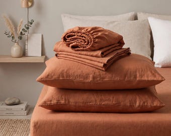Parure de lit en lin orange brûlé, ensemble de literie rouille chaude, draps lavés doux, décoration de chambre bohème, literie orange terreux