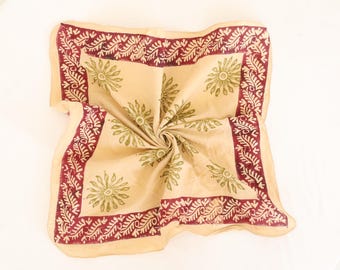 Hand Block Printed Cotton Bandana – Beige & Maroon Floral Scarf, Handmade in India