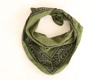 Hand Block Printed Cotton Bandana: Olive Green Boho Floral Scarf