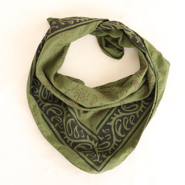 Hand Block Printed Cotton Bandana: Olive Green Boho Floral Scarf