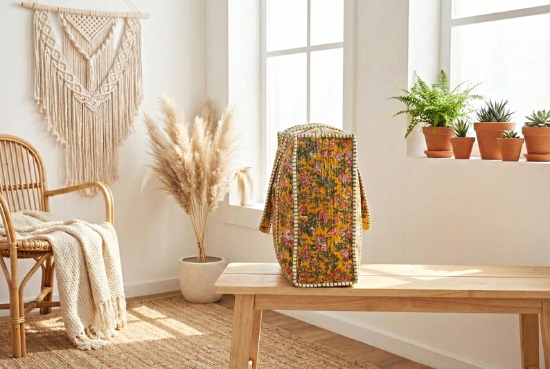 Op de afbeelding: Een gele tote bag met een bloemenpatroon, geplaatst op een houten bank. De tas heeft een rechthoekige vorm met handvatten en een witte kralenrand. De achtergrond omvat een macram&eacute; wandkleed en potplanten.