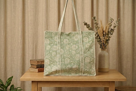 Handcrafted Quilted Cotton Sage Green Floral Tote Bag | Casual Shoulder Bag |  | Eco-Friendly tote bag | Reusable Market & Travel Bag
