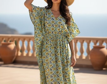 Hand Block Printed Cotton Kaftan Dress: Bohemian Floral Cotton Kaftan - Comfortable Free Size Loungewear Dress - Summer Beach Dress