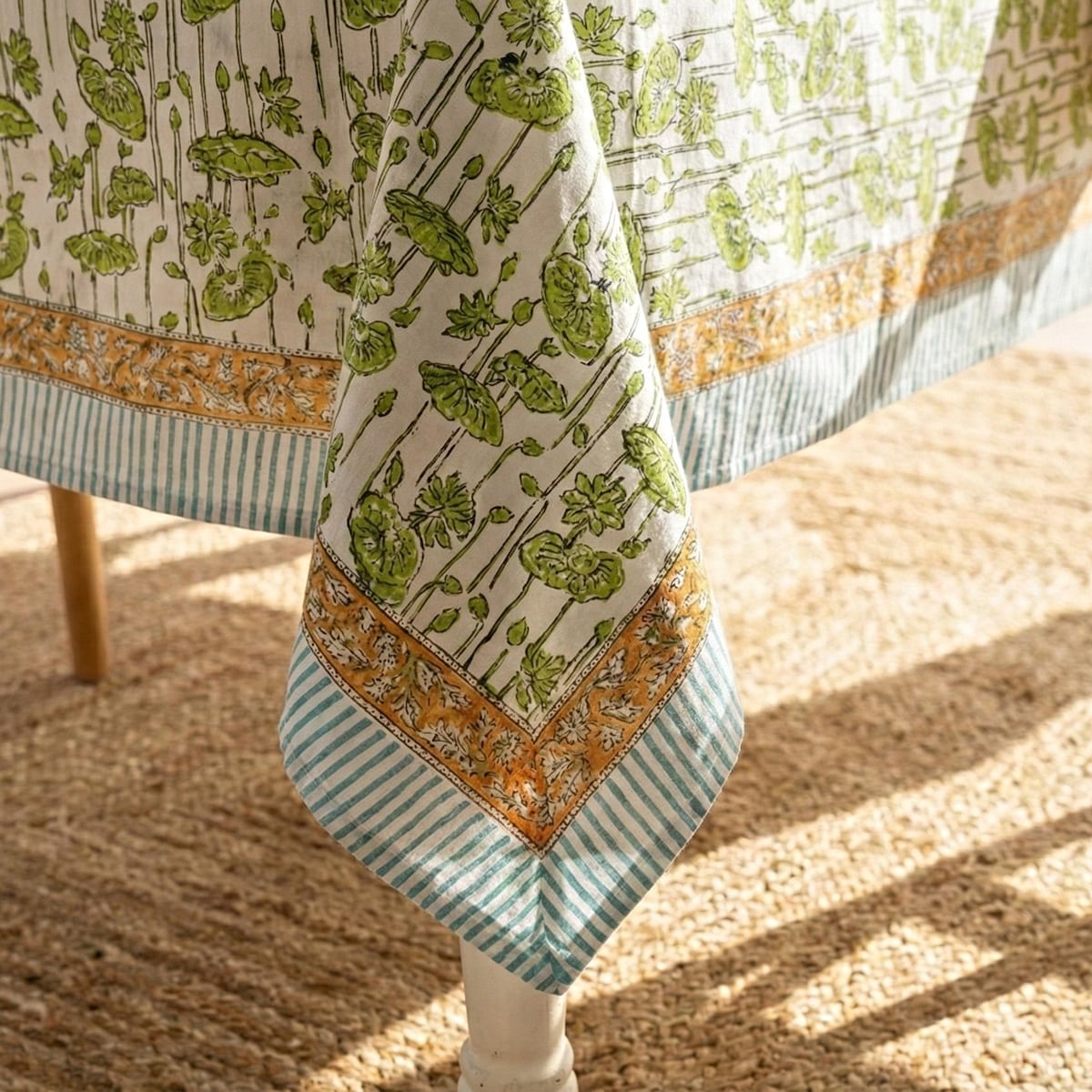 Green Floral Block Print Cotton Tablecloth