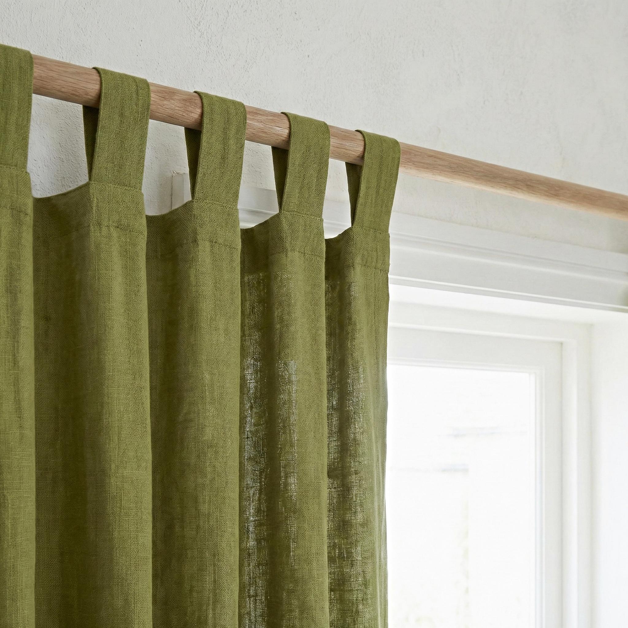 Olive Green Linen Tab Top Curtain Panel – Semi Sheer Farmhouse Window
