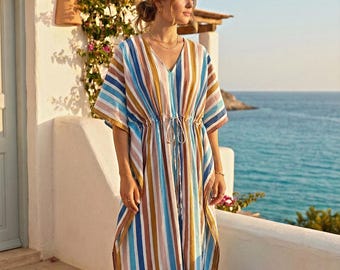 Multicolor Striped Cotton Kaftan Dress for Women – Adjustable Drawstring Waist Beach Cover Up, Boho Summer Lounge Maxi Caftan