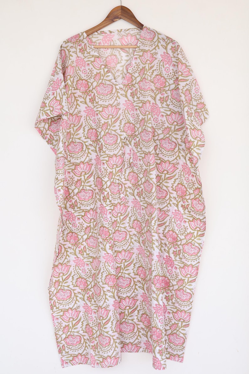 Cotton Kaftan Dress for Women, Hand Block Print Cotton Dress , Relaxed Fit Summer Beach Resort V-Neck Summer Caftan Women image 5