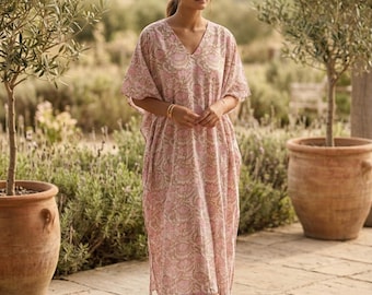 Cotton Kaftan Dress for Women, Hand Block Print Cotton Dress , Relaxed Fit Summer Beach Resort V-Neck Summer Caftan Women