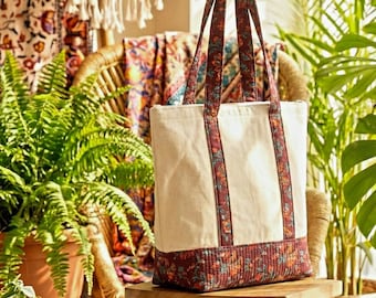 Canvas draagtas met bloemenprint basis, handgemaakte milieuvriendelijke schoudertas, herbruikbare markt, strand, werktas voor vrouwen cadeau-idee dagelijks gebruik