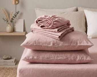 Dammigt rosa linnelakanset, mjukt blush-bäddset, tvättade linnelakan, rosa sängkläder, mysig sovrumsinredning, boho sängkläder