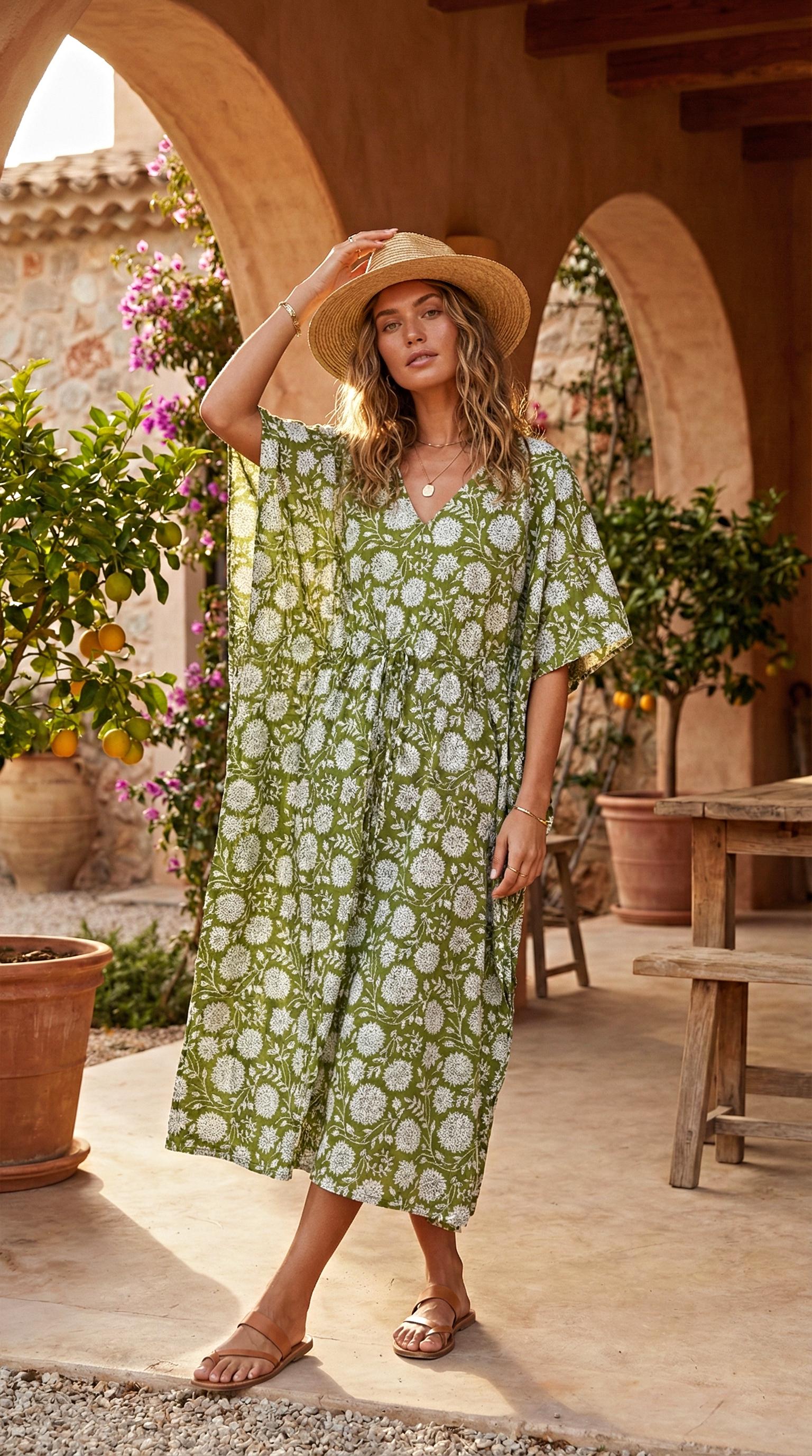 Women Cotton Floral Kaftan Dress Beige Block Print Midi Caftan Drawstring Waist Boho Summer Beach Resort Lounge Wear