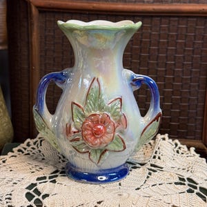 Vintage Brazilian Lusterware Vase | Made in Brazil Double Handle Floral Vase