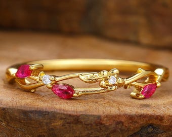 Ruby Jewelry Ring, Yellow Gold Plated Ring, Vine Branch Ring, Marquise Cut Ruby Ring, Dainty Ring For Women, Anniversary Ring, Unique Ring