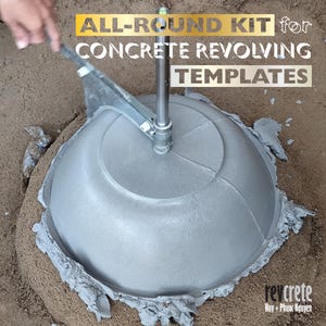 Op de afbeelding: Een metalen draaibare gereedschapsset voor betonmallen met een centrale verticale paal en een roterende arm. De tekst ALL-ROUND KIT for CONCRETE REVOLVING TEMPLATES staat bovenaan, met revcrete Huy + Phuoc Nguyen onderaan.