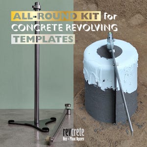 May include: An all-round kit for concrete revolving templates. The image shows a stainless steel stand with a base and a measuring arm. A concrete cylinder is painted with grey and white paint. The text "ALL-ROUND KIT for CONCRETE REVOLVING TEMPLATES" is displayed.