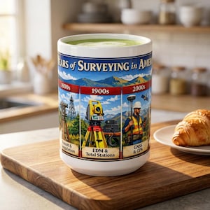 May include: A white ceramic mug featuring a colorful graphic titled Years of Surveying in America. The design displays three historical eras: 1800s with transit and triangulation, 1900s with EDM and total stations, and 2000s with GNSS and GPS equipment.