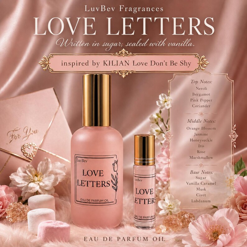 Puede incluir: Un set de aceite de perfume LuvBev Fragrances Love Letters que incluye un frasco grande con atomizador y uno peque&ntilde;o de tipo roll-on. Ambos frascos son de color rosa claro con tapas doradas y texto negro. Se listan las notas arom&aacute;ticas.