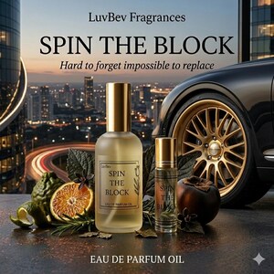 May include: Two perfume bottles with gold caps and the text "SPIN THE BLOCK" are displayed. The bottles are next to a car wheel and various fruits and leaves. The words "EAU DE PARFUM OIL" are at the bottom of the image.