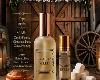 May include: Two bottles of LuvBev Fragrances Southern Belle Eau de Parfum Oil with gold caps. The labels list scent notes including apples, candied yams, cinnamon, clove, nutmeg, marshmallow, sweet cream, butter, and brown sugar.
