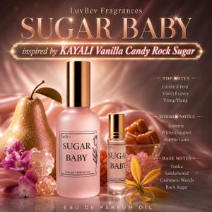May include: A LuvBev Fragrances Sugar Baby eau de parfum oil set featuring a large frosted pink bottle and a smaller rollerball bottle. The labels display the text Sugar Baby and a tulip illustration. The set includes notes of pear and jasmine.