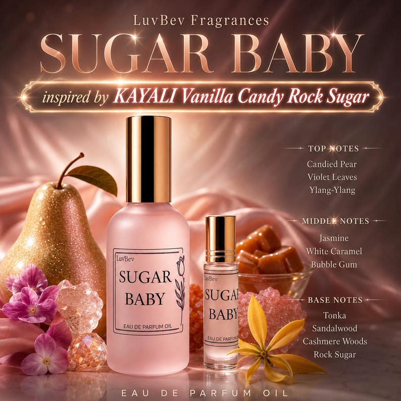May include: A LuvBev Fragrances Sugar Baby eau de parfum oil set featuring a large frosted pink bottle and a smaller rollerball bottle. The labels display the text Sugar Baby and a tulip illustration. The set includes notes of pear and jasmine.