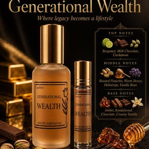 May include: Two glass bottles of LuvBev Generational Wealth eau de parfum oil with gold caps. The labels feature a tulip illustration and text. A chart lists top notes of bergamot, milk chocolate, and cardamom, middle notes of pistachio, honey, heliotrope, and vanilla, and base notes of amber, sandalwood, chocolate, and vanilla.
