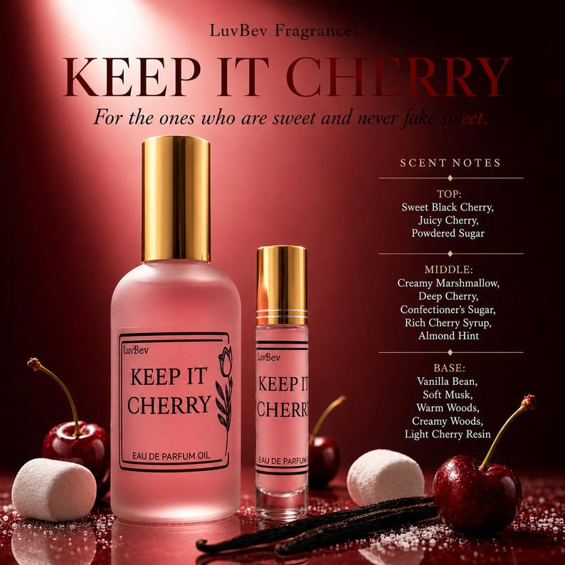 May include: Two frosted glass bottles of LuvBev Fragrances Keep It Cherry eau de parfum oil with gold caps. The labels feature a tulip illustration and the text Keep It Cherry. The background displays scent notes, cherries, and marshmallows.