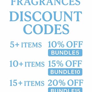 May include: A white informational graphic with light blue text reading LUVBEV FRAGRANCES DISCOUNT CODES. It lists four tiers: 5+ items for 10% off with code BUNDLE5, 10+ items for 15% off with code BUNDLE10, 15+ items for 20% off with code BUNDLE15, and 20+ items for 25% off with code BUNDLE20.