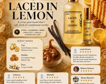 May include: LuvBev Fragrances Laced in Lemon perfume oil set featuring a large bottle and a smaller rollerball. The label reads Laced in Lemon Eau de Parfum Oil. Includes text about scent notes like sweet buttery lemon, caramelized sugar, and vanilla.