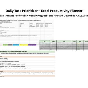 以下が含まれることがあります： Daily Task PrioritizerというタイトルのデジタルExcel生産性プランナー。レイアウトには、タスク追跡、カテゴリ、メモ、優先度レベル、ステータス列が含まれています。例、開始、設定、データ、週間概要、メモ用のタブがあります。