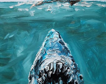 Póster de la película Tiburón con pintura texturizada, obra de arte original de tiburón: arte animal estilo Pop Art, 11x14 pulgadas.