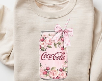 Coquette Coke Sweatshirt, Floral Coke T-shirt, Cute Baby Pink Bow Hoodie, Trendy Soda Can With Roses, Retro Soda Sweatshirt, Cola T-Shirt