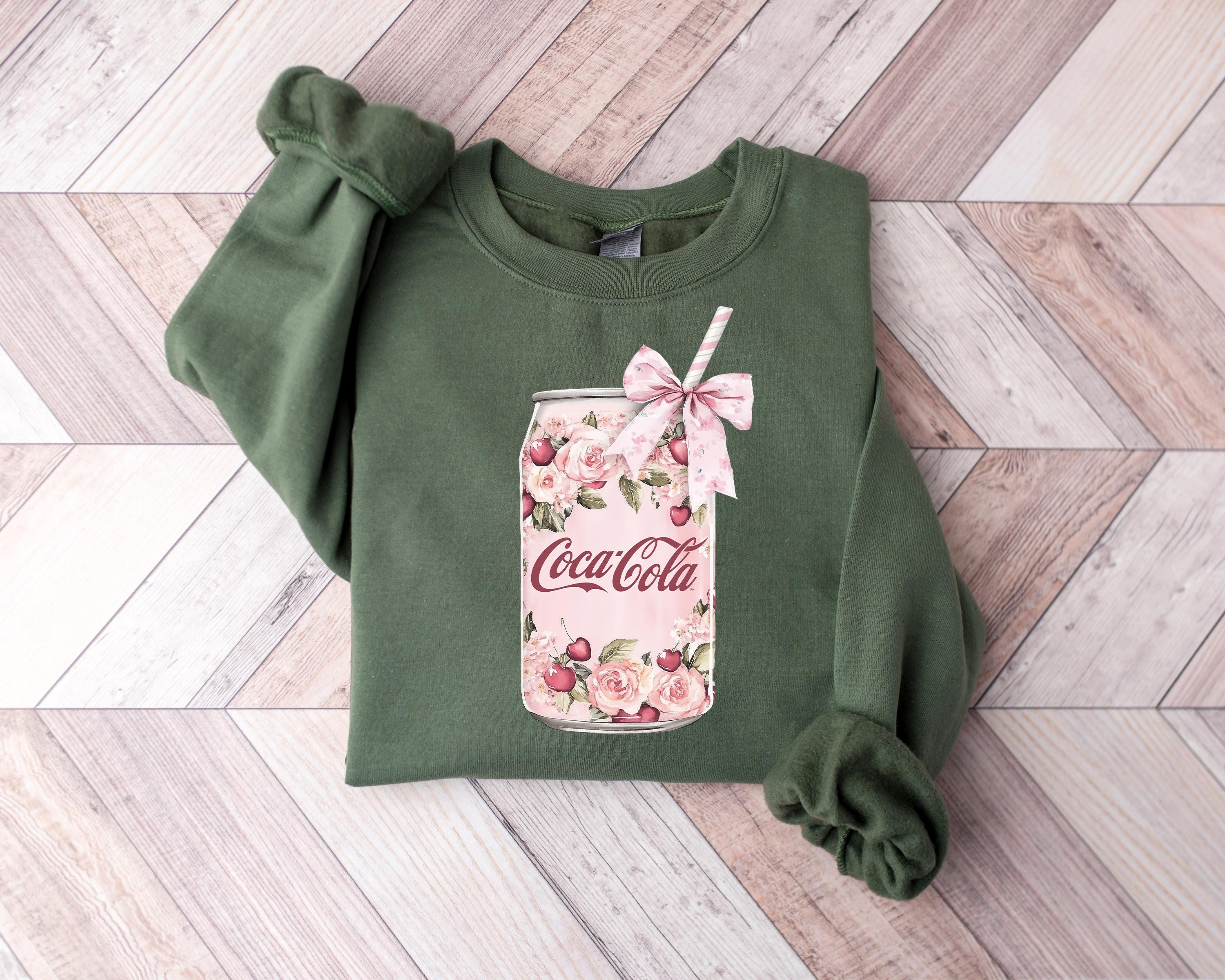 Coquette Coke Sweatshirt, Floral Coke T-shirt, Cute Baby Pink Bow Hoodie, Trendy Soda Can With Roses, Retro Soda Sweatshirt, Cola T-Shirt