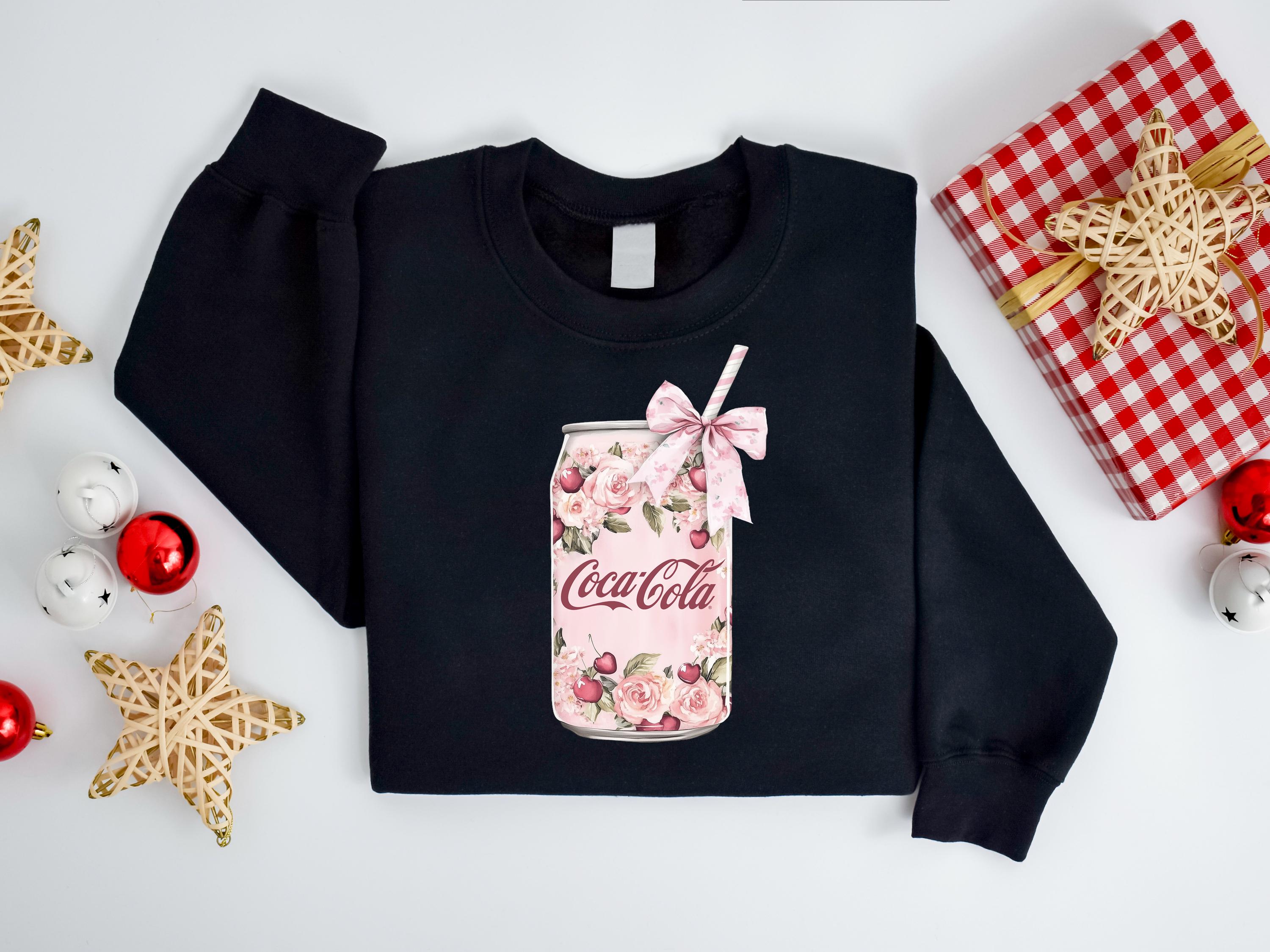 Coquette Coke Sweatshirt, Floral Coke T-shirt, Cute Baby Pink Bow Hoodie, Trendy Soda Can With Roses, Retro Soda Sweatshirt, Cola T-Shirt