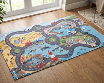 Alfombra de juego de aventura junto al mar: tapete de coche de juguete de pueblo costero