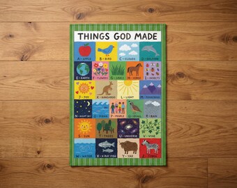 Alfabeto de cosas creadas por Dios, alfombra de área / alfombra de juegos ABC para guardería infantil, decoración de habitación cristiana