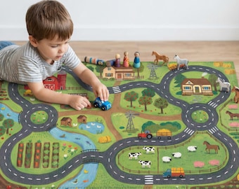 Alfombra de juego ilustrada de granja/alfombra de coche de juguete, juego sin pantallas