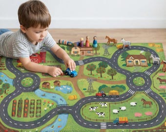 Alfombra de juegos de granja, alfombra infantil de granja, alfombra de juegos de coches de juguete, alfombra de juegos de tractores, alfombra de juegos campestre, alfombra de mapa de carreteras, alfombra infantil de granja, alfombra para habitación infantil