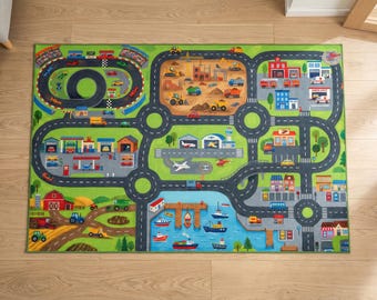 Tapete de juego de aventura con vehículos, alfombra de carretera para coches de juguete con camiones, aviones y barcos
