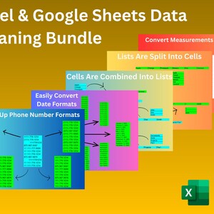 May include: An image of an Excel & Google Sheets Data Cleaning Bundle. The image shows colourful slides with text including "Clean Up Phone Number Formats" and "Convert Measurements in Bulk". Excel and Google Sheets icons are in the bottom right.