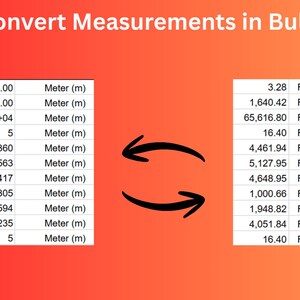 May include: An image with the text "Convert Measurements in Bulk" on a gradient red background. Two tables show conversions between meters and feet. The left table lists meters, and the right table lists the equivalent feet.