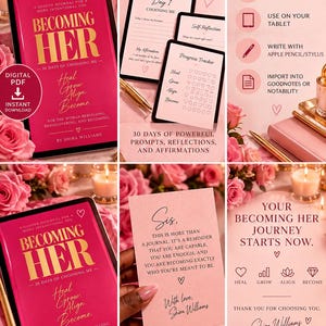 May include: A digital journal titled Becoming Her with 30 days of prompts, reflections, and affirmations. The pink cover features the text Heal, Grow, Align, Become. Includes instructions for printing, tablet use, and importing into apps like Goodnotes.