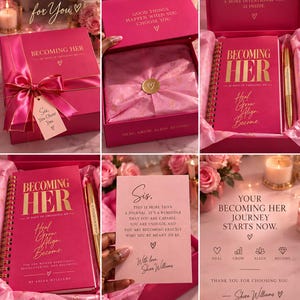 May include: A pink gift box set containing a spiral-bound journal titled Becoming Her, a gold pen, and a card. The box lid reads Good Things Happen When You Choose You, and the interior lid says A More Intentional You Is Inside. Includes tissue paper.