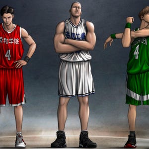 May include: Illustration of three basketball players in uniforms. The player on the left wears a red jersey with the number 4 and Japanese text. The center player is in a white jersey, and the right player is in green. All are standing.