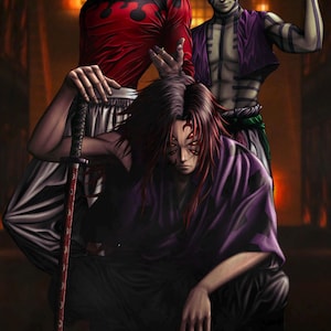May include: Digital illustration of three anime characters. The central figure kneels, holding a sword. The other two stand behind, one in a red and black top, the other with purple hair and markings. The image has a dark, dramatic tone.