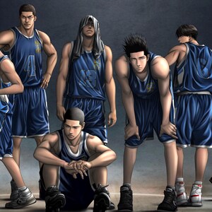 Puede incluir: Ilustración de un equipo de baloncesto con uniformes azules. Los miembros del equipo están en varias poses, algunos de pie, otros en cuclillas. Los uniformes tienen detalles en blanco y números. La obra de arte tiene un ambiente dinámico y orientado a la acción.