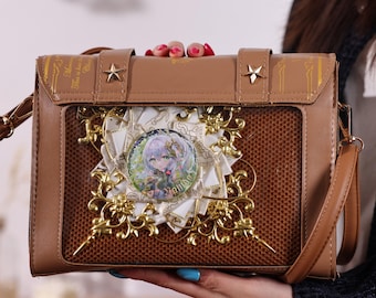 Bolso bandolera tipo Ita con ventana transparente, diseño de libro mágico, ideal para cosplay de anime y porta credencial personalizado.