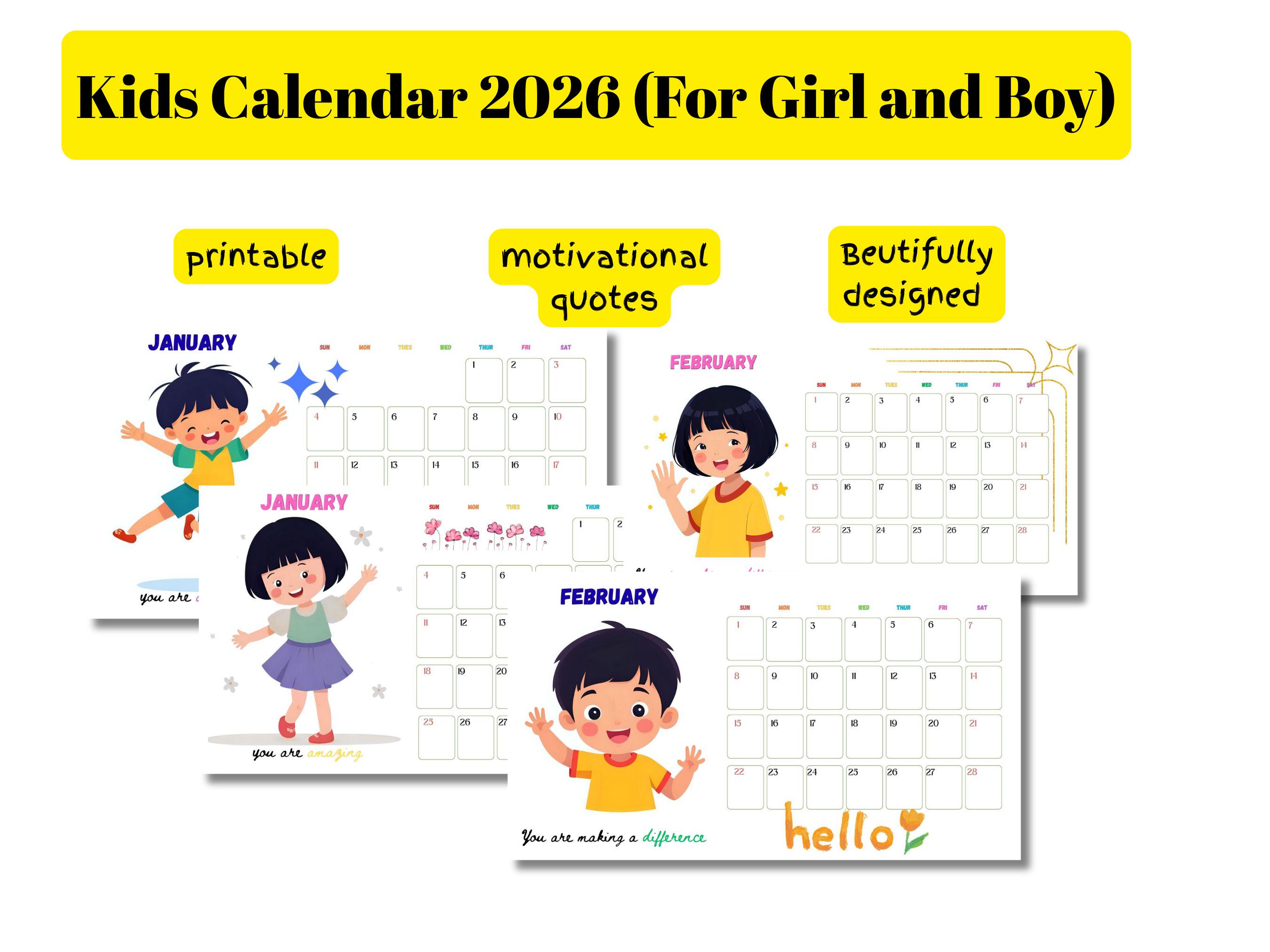 Kids Calendar 2026 Printable Bundle | Boy & Girl Calendar Set | Cute ...