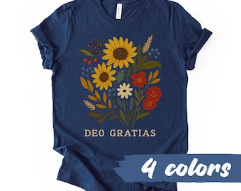 Deo Gratias Flower Art Catholic Womens Cute Graphic T-Shirt