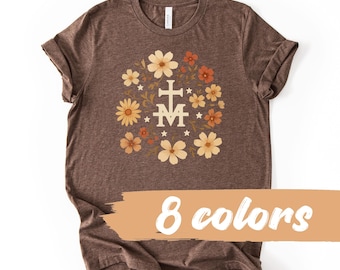 Marian Art Graphic Tee: Catholic Medal, Floral Bella Canvas T-Shirt
